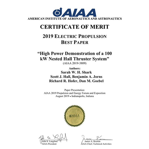 AIAA Electric propulsion best paper award